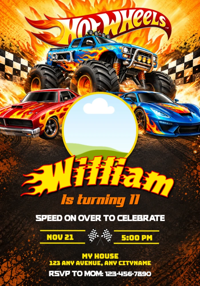 Editable Hot Wheels Monster Truck Invitation with Photo Slot Editable Hot Wheels Monster Truck Invitation with Photo Slot
