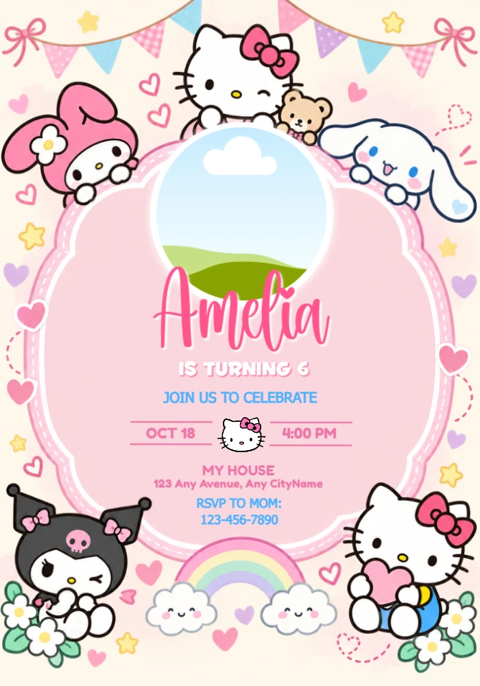 Editable Hello Kitty & Friends Birthday Invitation with Photo Editable Hello Kitty & Friends Birthday Invitation with Photo