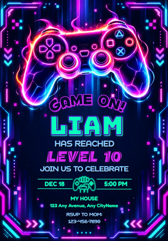 Level Up Neon Gamer Birthday Invitation - Editable Template Level Up Neon Gamer Birthday Invitation - Editable Template