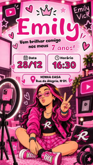 Convite de Aniversário Emily Vick: Modelo Editável de Influencer