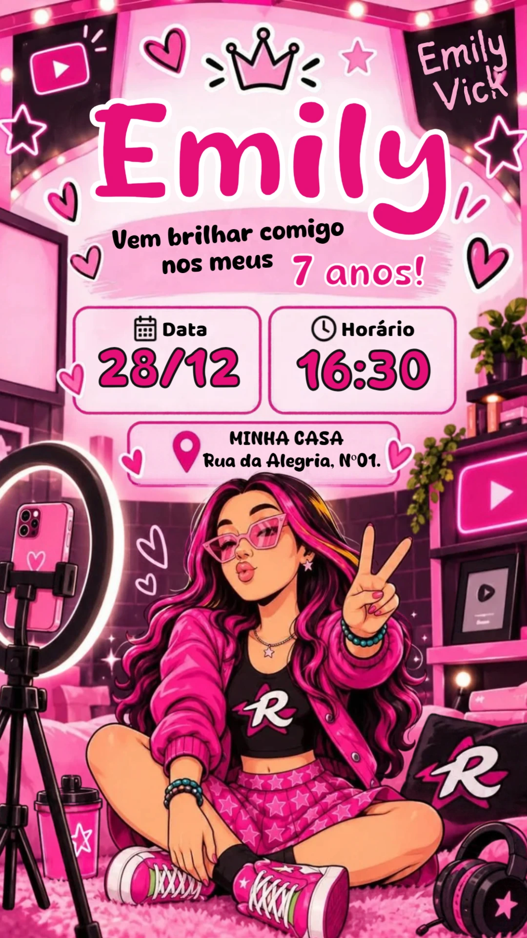 Convite de Aniversário Emily Vick: Modelo Editável de Influencer Convite de Aniversário Emily Vick: Modelo Editável de Influencer