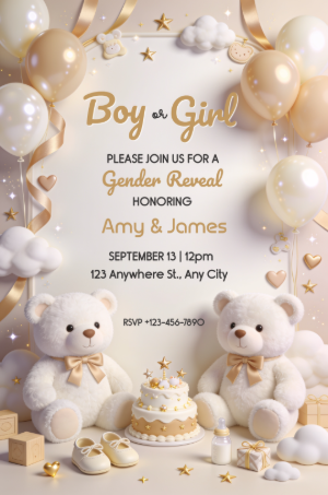 Cute Teddy Bear Gender Reveal Invitation Editable Template