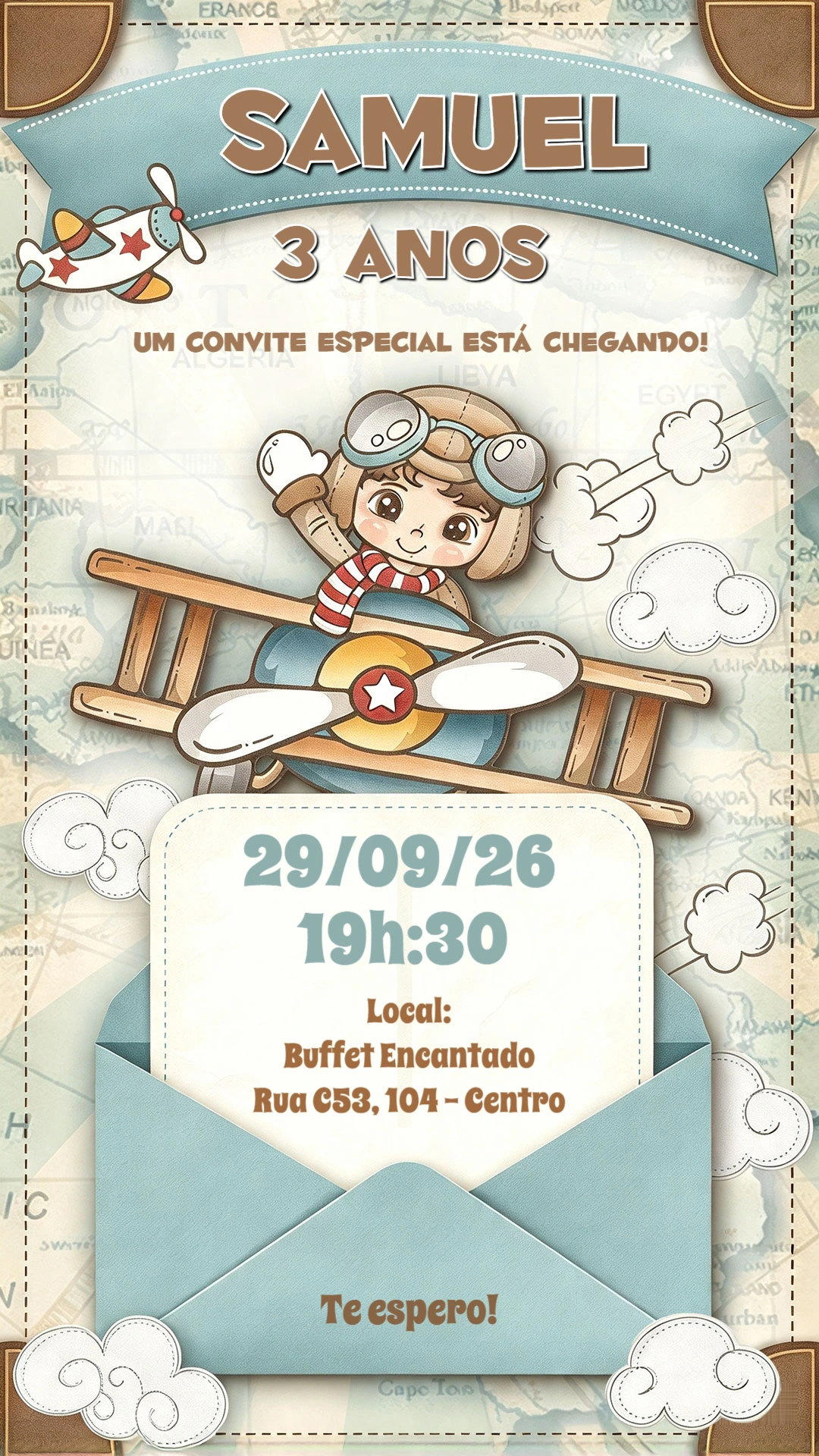 Convite de Aniversário Aviador Editável para Menino Convite de Aniversário Aviador Editável para Menino