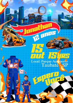 Convite Animado Hot Wheels: Vire um Piloto com sua Foto IA