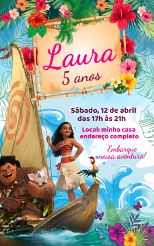 Convite de Aniversário Moana Digital para Editar