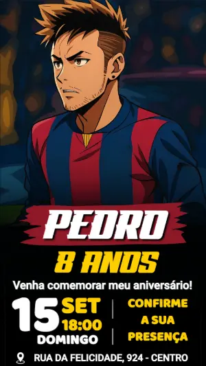Convite de Aniversário Jogador de Futebol Estilo Anime Editável