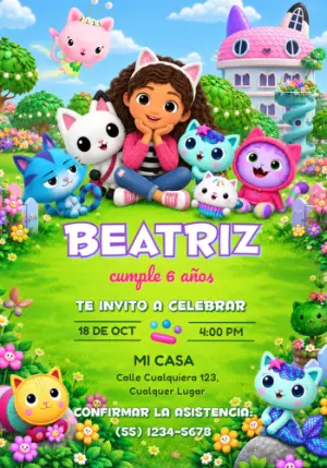 Invitación Cumpleaños La Casa de Gabby y Amigos Gatos para Editar