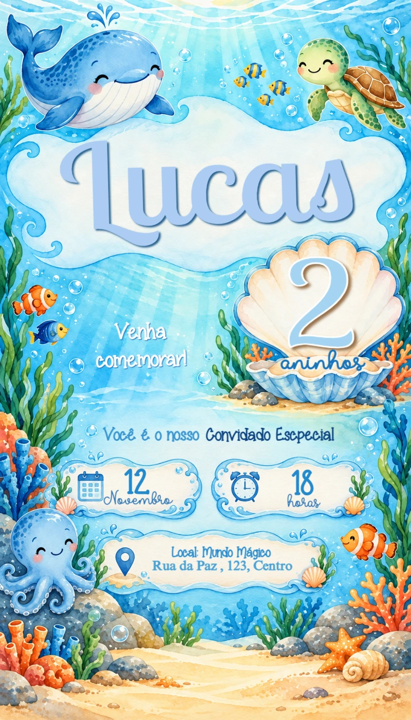 Convite Animado Fundo do Mar Aquarela para Editar Online Convite Animado Fundo do Mar Aquarela para Editar Online
