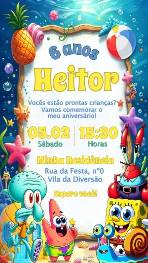 Convite de Aniversário Bob Esponja: Modelo Digital para Editar