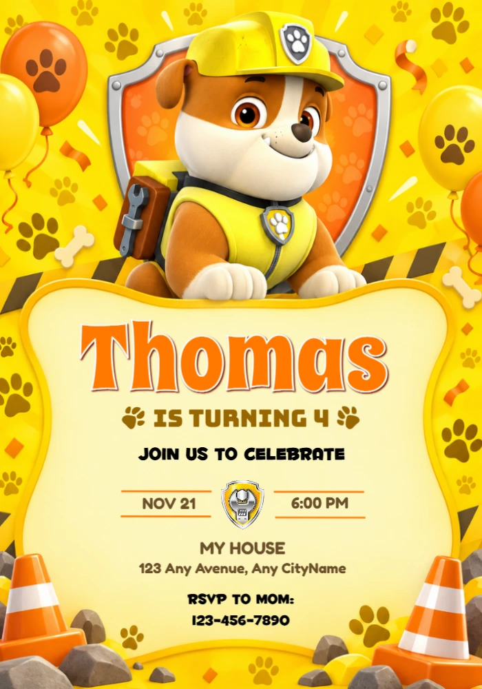 Rubble Paw Patrol Birthday Invitation | Editable Construction Template Rubble Paw Patrol Birthday Invitation | Editable Construction Template