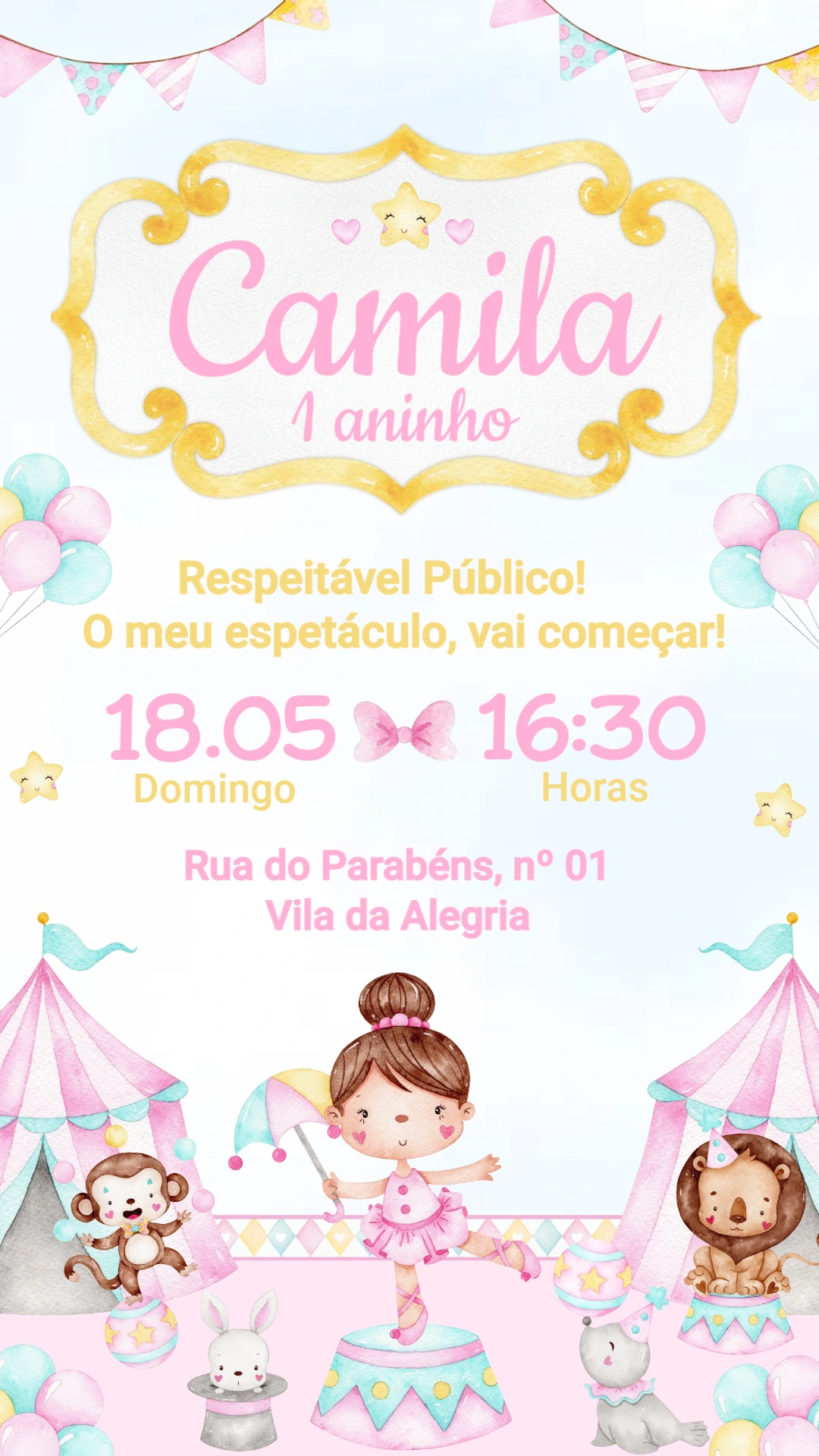 Convite de Aniversário Circo Rosa Menina Editável Convite de Aniversário Circo Rosa Menina Editável