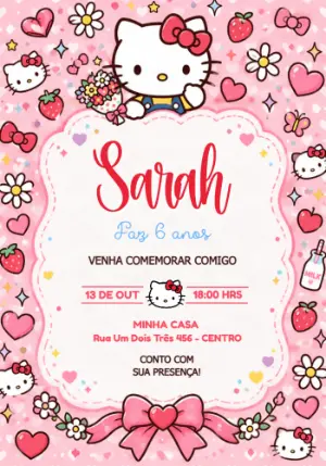 Convite de Aniversário Hello Kitty Rosa Editável para Meninas