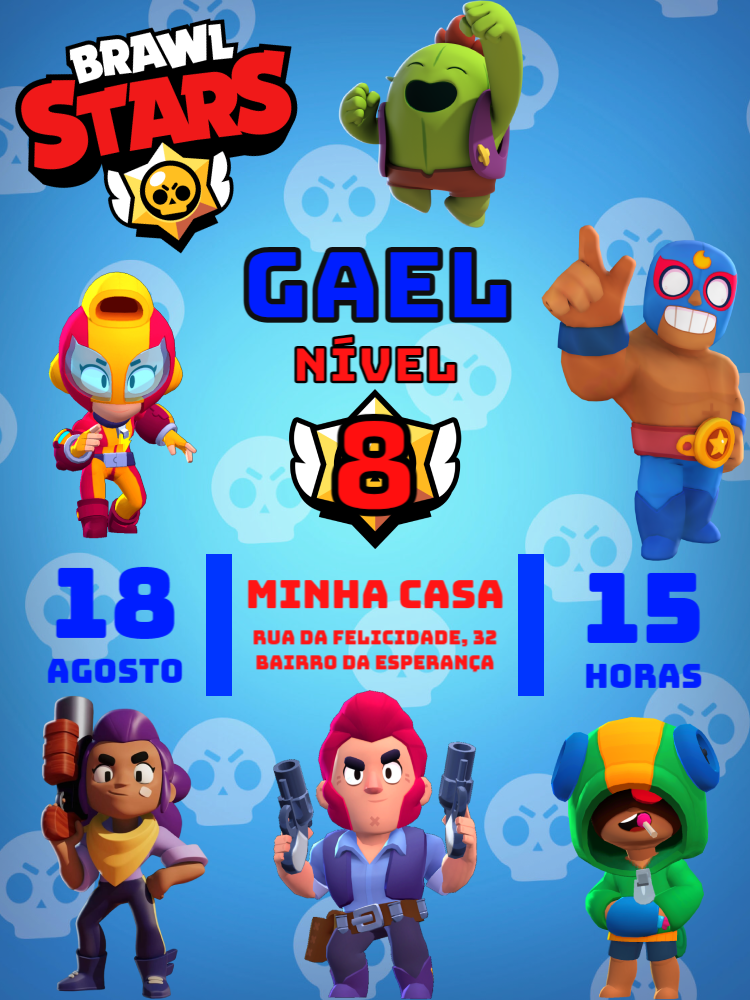 Convite de Aniversário Brawl Stars com Personagens para Editar