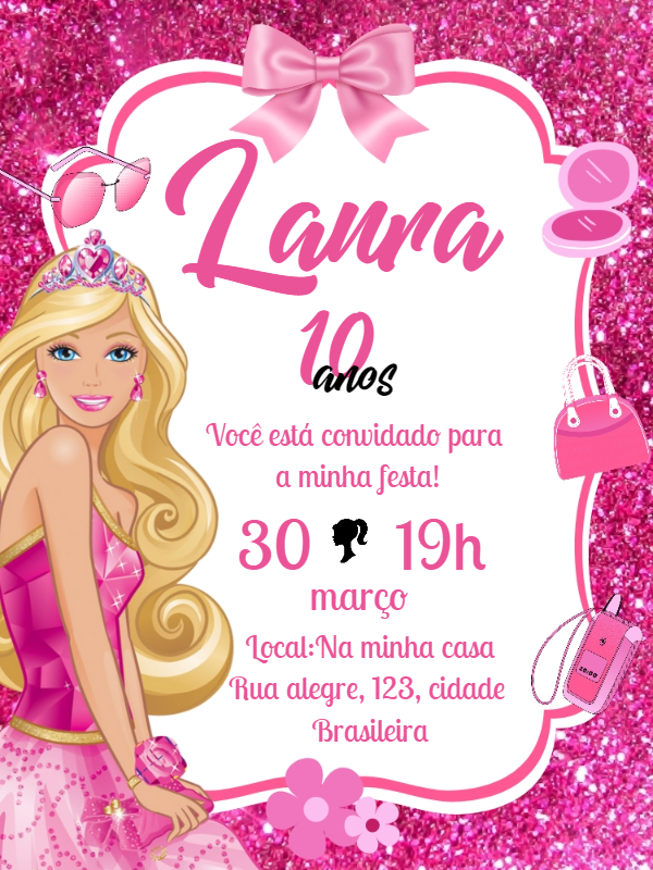 Convite de Aniversário Barbie com Brilho para Editar Online