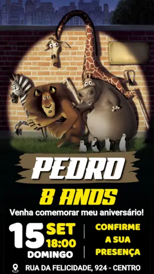 Convite de Aniversário Madagascar Editável para Festa Infantil