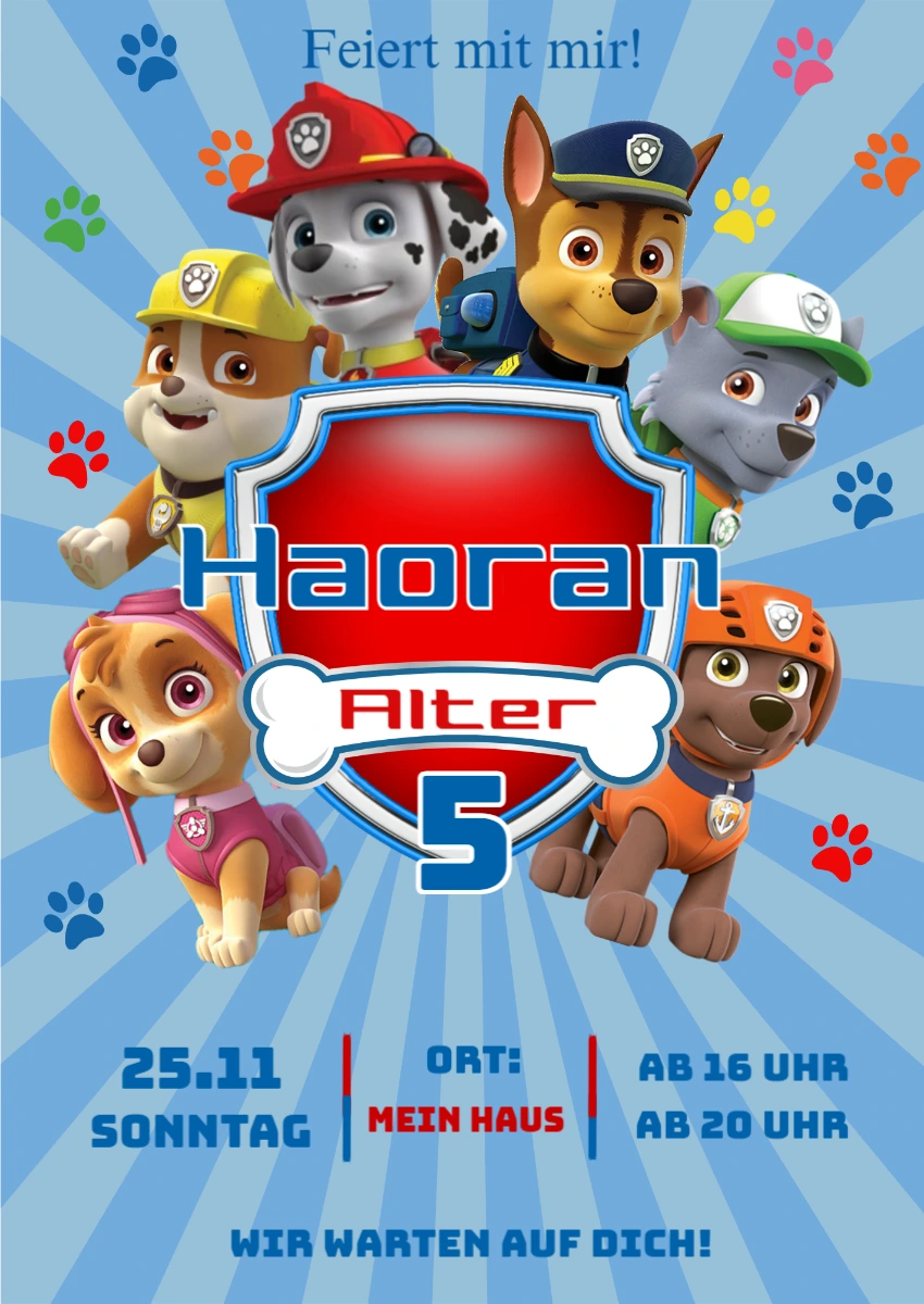 Paw Patrol Geburtstagseinladung - Editierbare Vorlage zum Drucken Paw Patrol Geburtstagseinladung - Editierbare Vorlage zum Drucken