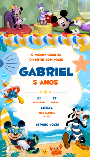 Convite Animado A Casa do Mickey Praia: Modelo Editável