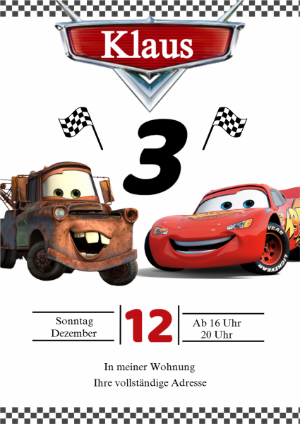 Cars Geburtstagseinladung mit Lightning McQueen zum Bearbeiten