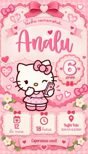 Convite de Aniversário Hello Kitty Rosa para Editar