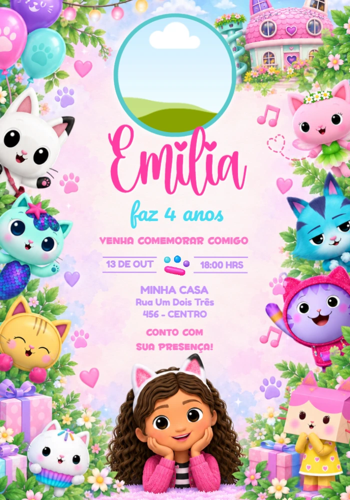 Convite Aniversário A Casa Mágica da Gabby com Foto Editável Convite Aniversário A Casa Mágica da Gabby com Foto Editável