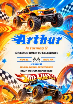 Hot Wheels Monster Trucks Birthday Invitation in Action | Editable Template