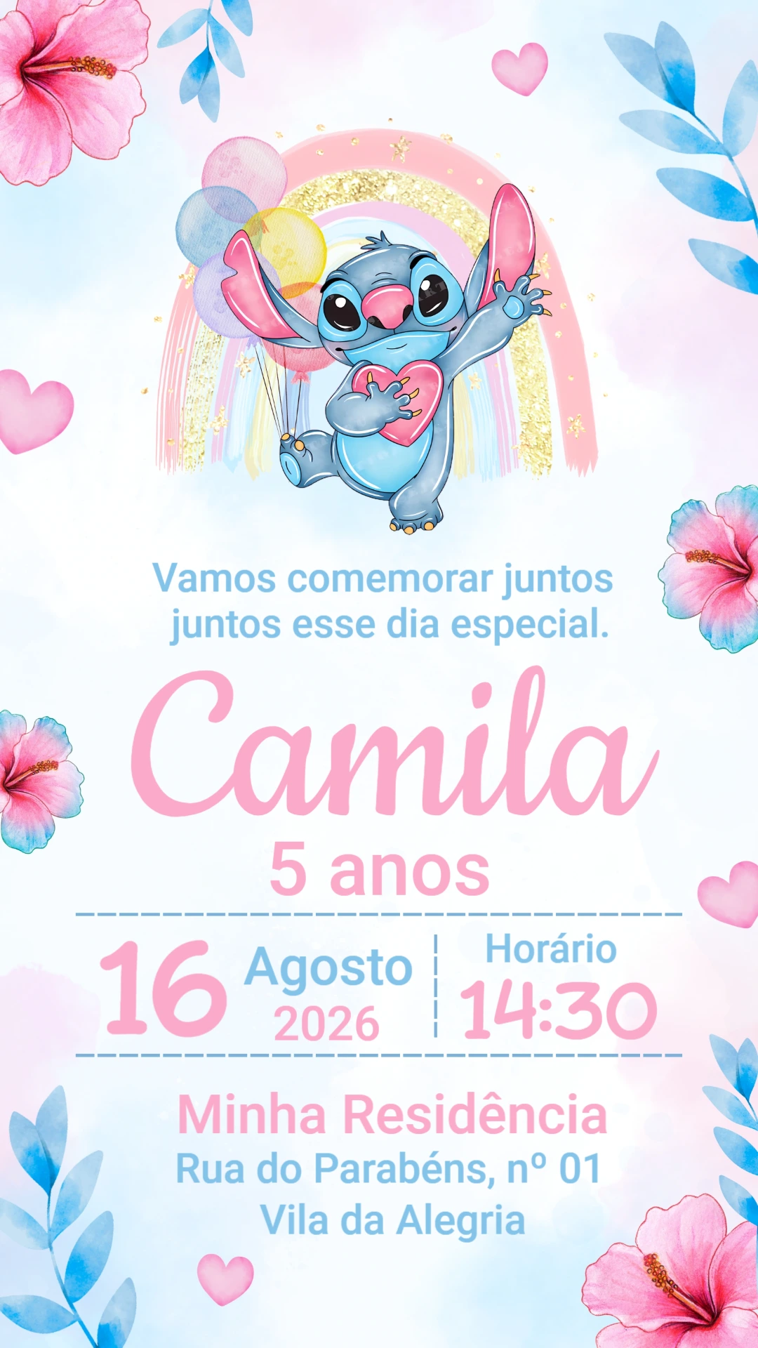 Convite de Aniversário Stitch Menina para Editar Online Convite de Aniversário Stitch Menina para Editar Online