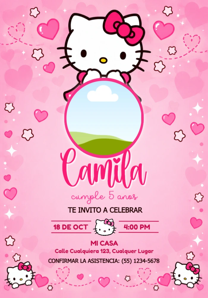 Invitación de Cumpleaños Hello Kitty con Foto para Editar Invitación de Cumpleaños Hello Kitty con Foto para Editar