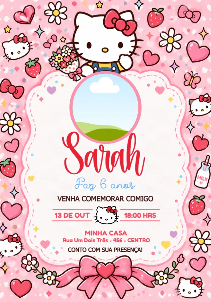 Convite de Aniversário Hello Kitty com Foto Editável Convite de Aniversário Hello Kitty com Foto Editável