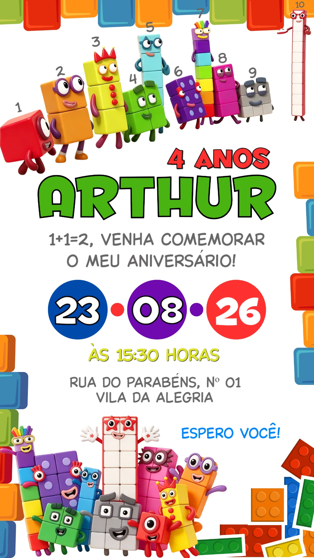 Convite de Aniversário Numberblocks Personagens em Fila para Editar Convite de Aniversário Numberblocks Personagens em Fila para Editar