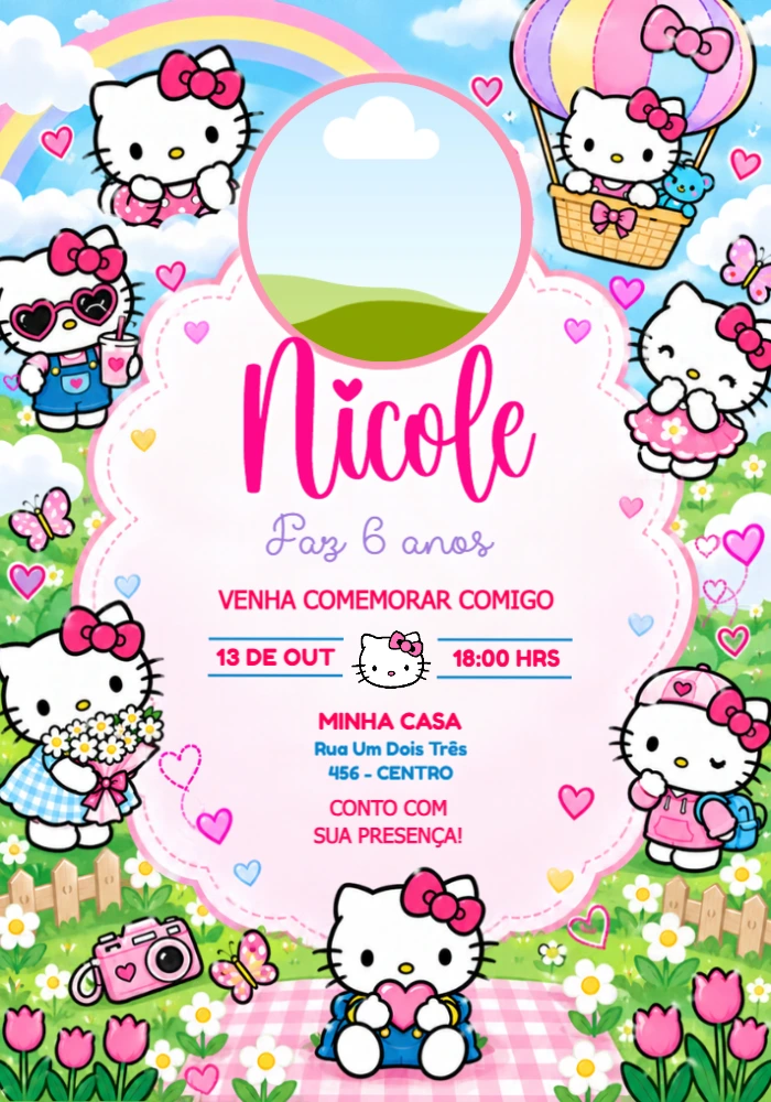 Convite de Aniversário Hello Kitty com foto para editar Convite de Aniversário Hello Kitty com foto para editar