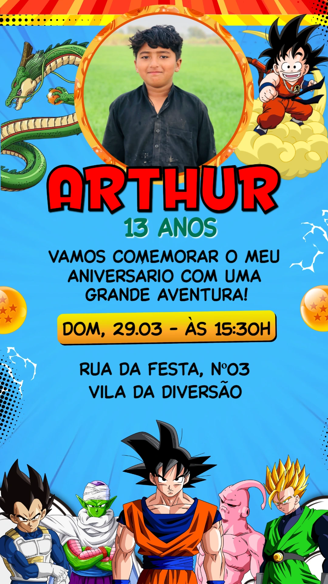 Convite de Aniversário Dragon Ball Z Editável com Foto Convite de Aniversário Dragon Ball Z Editável com Foto