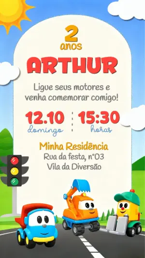 Convite de Aniversário Léo o Caminhão Editável Online Infantil
