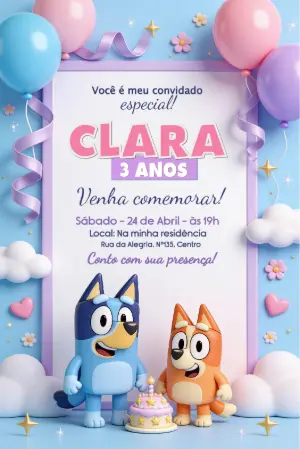 Invito di compleanno Bluey – Statico – Borboleta Convites