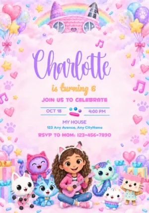Gabby's Dollhouse Watercolor Birthday Editable Invitation