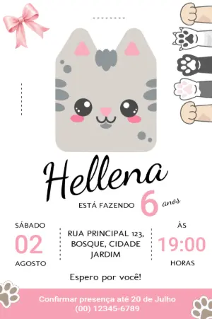 Convite de Aniversário Gatinho Kawaii Menina Editável