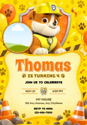 Rubble Paw Patrol Birthday Invitation with Photo Frame, Editable