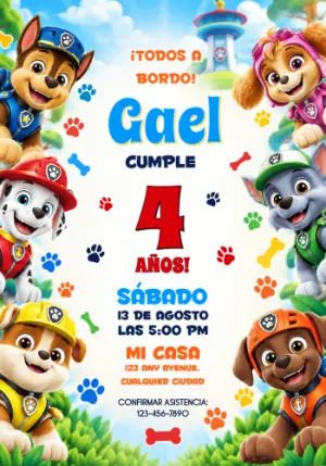 Invitación de Cumpleaños Patrulla Canina con Todos los Cachorros para Editar