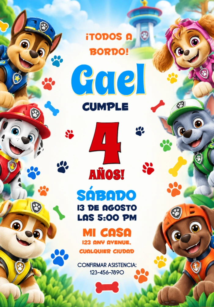 Invitación de Cumpleaños Patrulla Canina con Todos los Cachorros para Editar Invitación de Cumpleaños Patrulla Canina con Todos los Cachorros para Editar