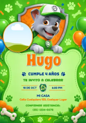 Invitación de Cumpleaños de Rocky (Patrulla Canina) con foto
