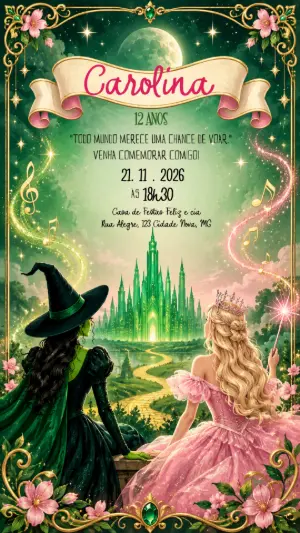 Convite Animado de Aniversário Wicked: Verde e Rosa Editável