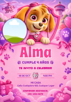 Invitación de Cumpleaños Skye Patrulla Canina con Foto Editable