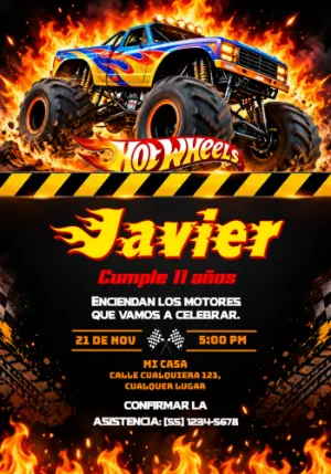 Invitación de Cumpleaños Hot Wheels Monster Trucks en Fuego Editable