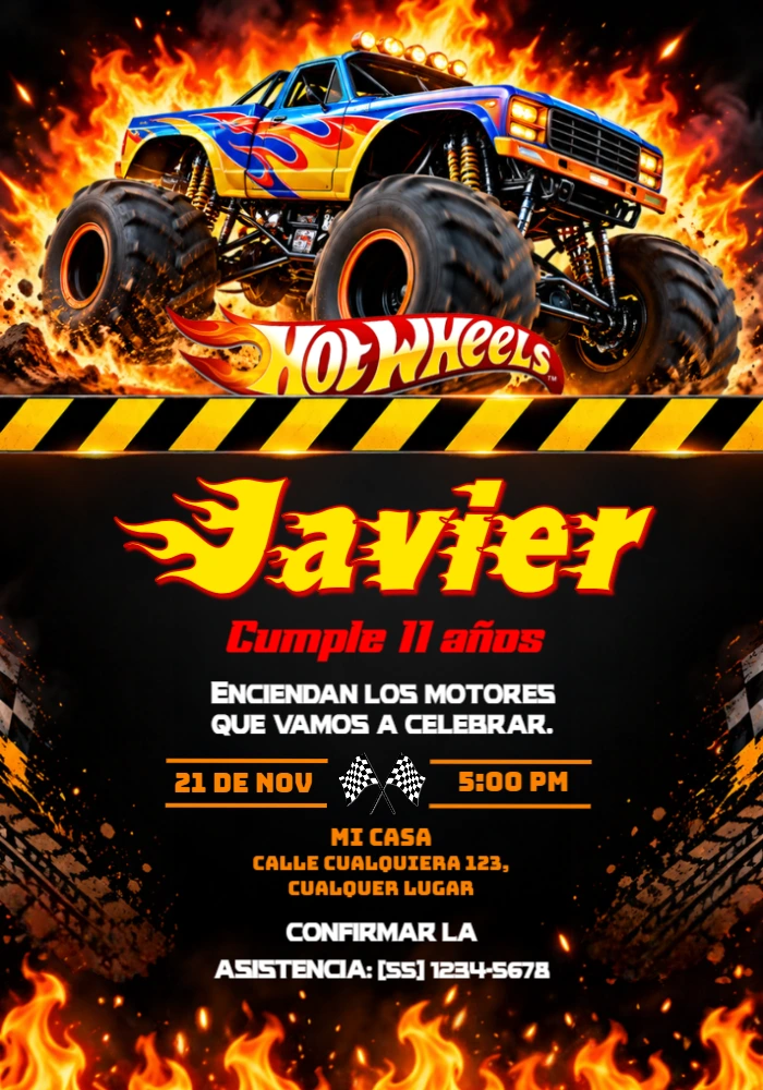 Invitación de Cumpleaños Hot Wheels Monster Trucks en Fuego Editable Invitación de Cumpleaños Hot Wheels Monster Trucks en Fuego Editable