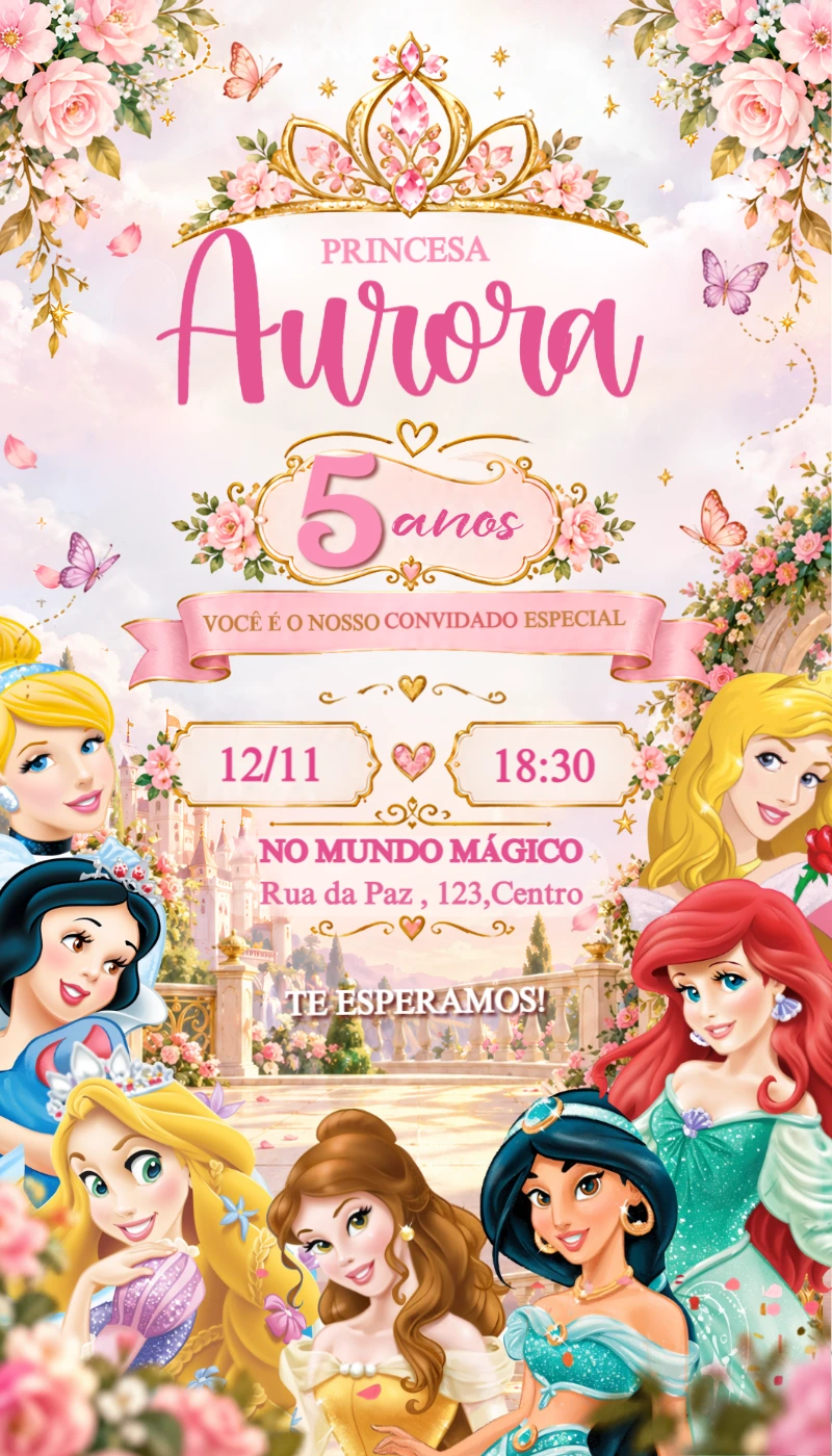 Convite de Aniversário Princesas Disney Rosa para Editar Convite de Aniversário Princesas Disney Rosa para Editar