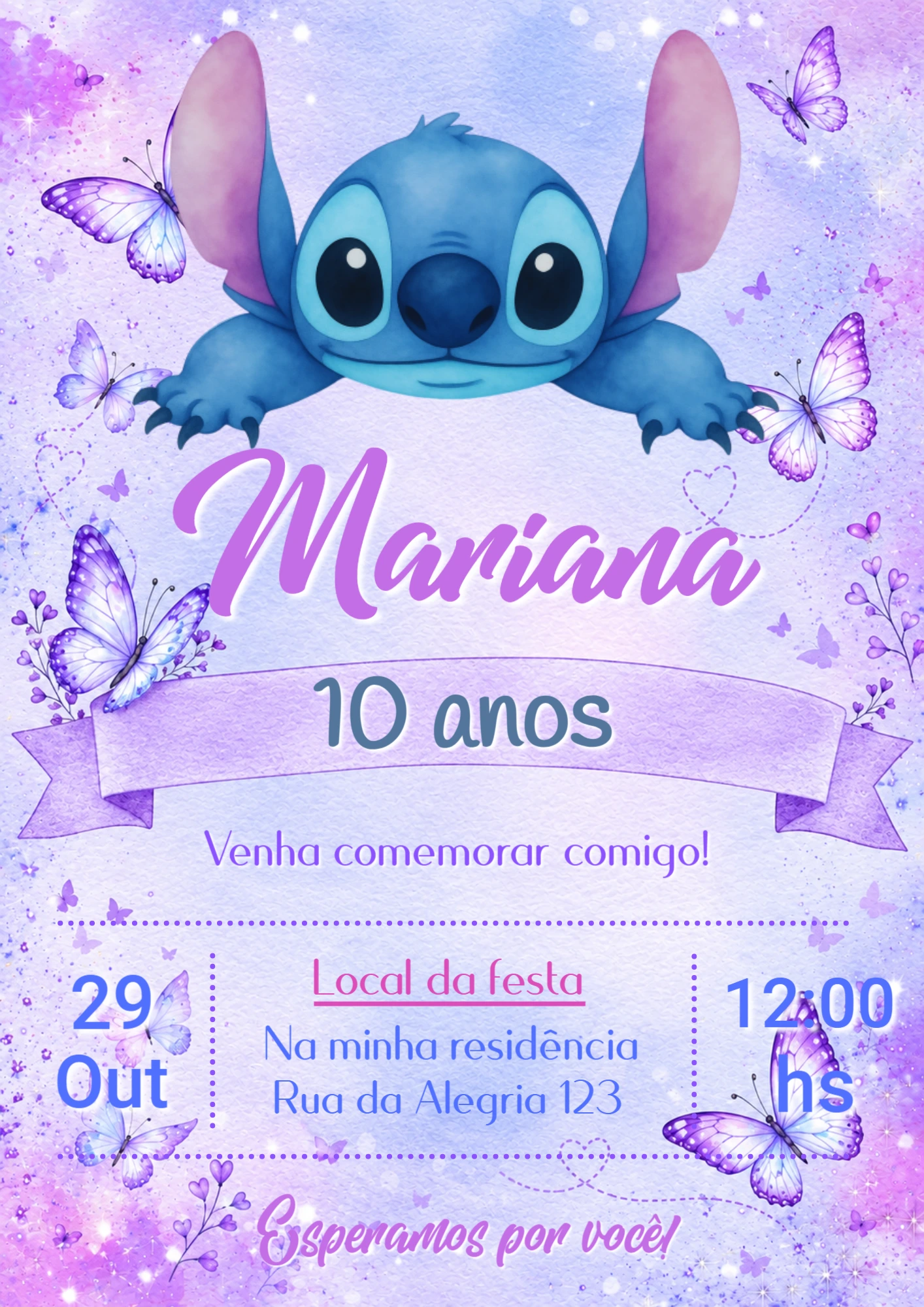 Convite de Aniversário Stitch Lilás e Borboletas para Editar Convite de Aniversário Stitch Lilás e Borboletas para Editar
