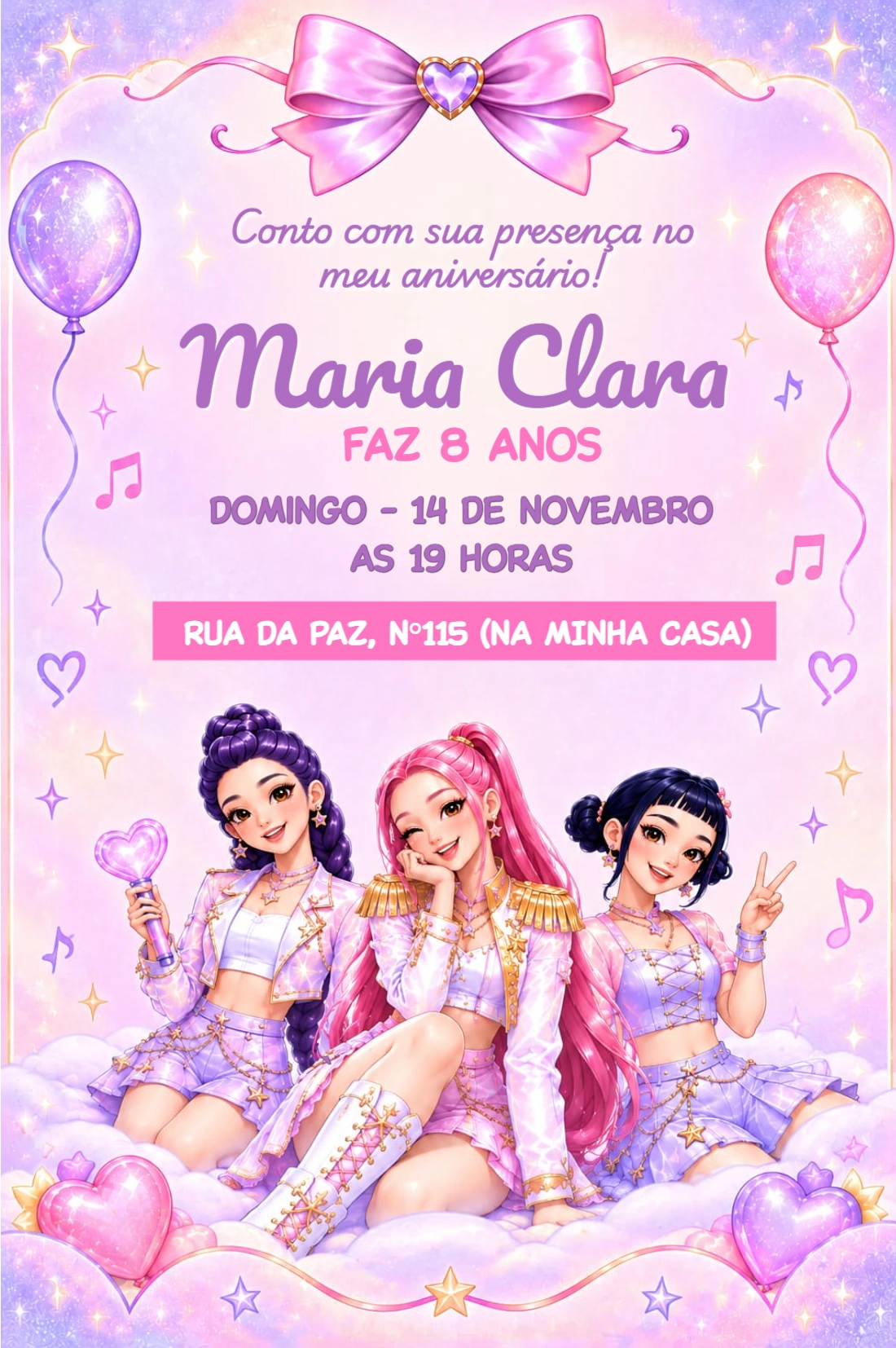 Convite de Aniversário Guerreiras do Kpop Estilo Popstar para Editar Convite de Aniversário Guerreiras do Kpop Estilo Popstar para Editar