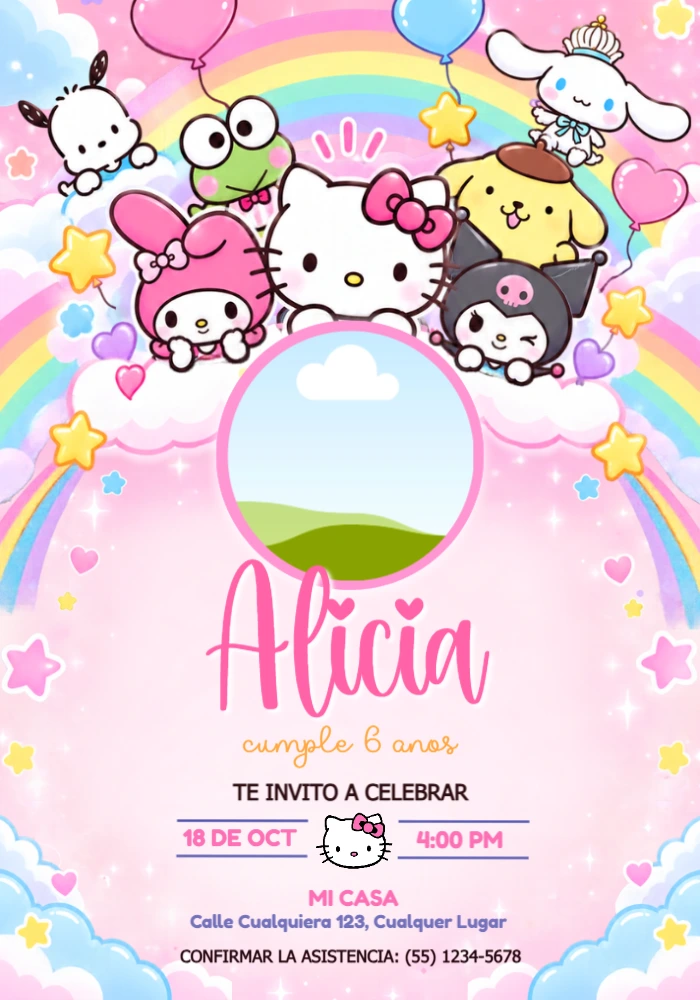 Invitación Editable de Cumpleaños Hello Kitty y Amigos con Foto Invitación Editable de Cumpleaños Hello Kitty y Amigos con Foto
