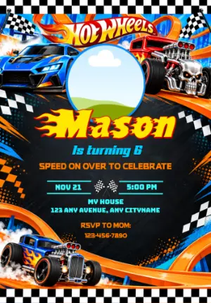 Hot Wheels Birthday Invitation with Photo Editable Template