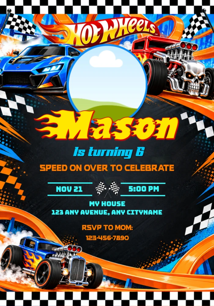 Hot Wheels Birthday Invitation with Photo Editable Template Hot Wheels Birthday Invitation with Photo Editable Template