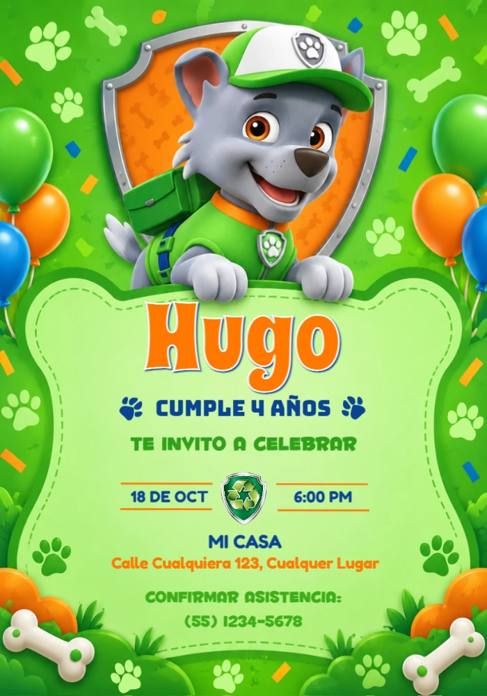 Invitación de Rocky Patrulla Canina con su escudo verde para editar Invitación de Rocky Patrulla Canina con su escudo verde para editar